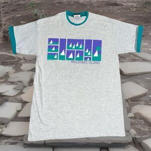 Vintage Mackinac Island Michigan Teal Grey Single Stitch T-Shirt Medium/Large